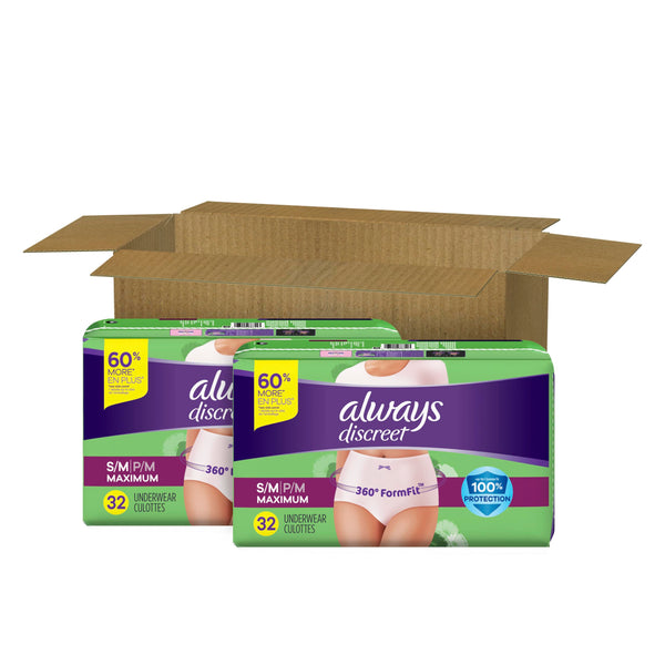 Always Discreet Incontinence & Postpartum Incontinence Underwear for Women, Small/Medium, Maximum Absorbency, Disposable, 38 Count