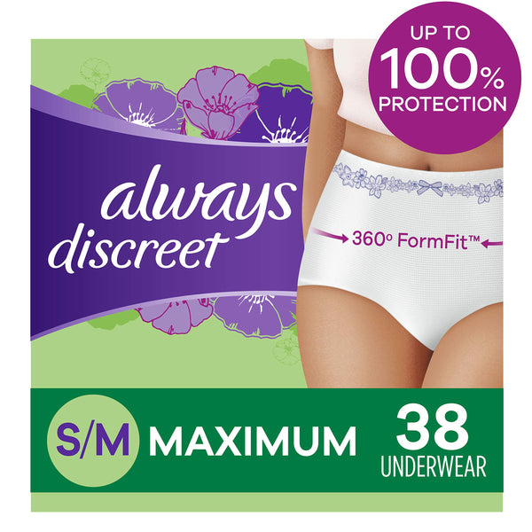 Always Discreet Incontinence & Postpartum Incontinence Underwear for Women, Small/Medium, Maximum Absorbency, Disposable, 38 Count