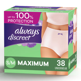 Always Discreet Incontinence & Postpartum Incontinence Underwear for Women, Small/Medium, Maximum Absorbency, Disposable, 38 Count