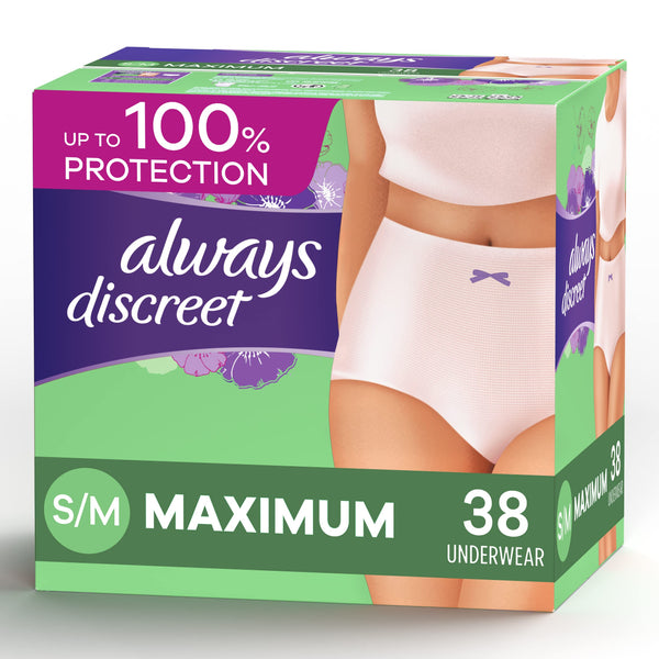 Always Discreet Incontinence & Postpartum Incontinence Underwear for Women, Small/Medium, Maximum Absorbency, Disposable, 38 Count
