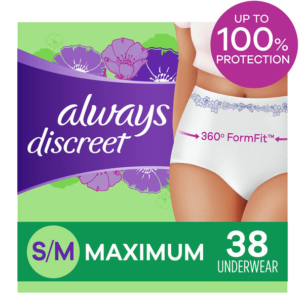 Always Discreet Incontinence & Postpartum Incontinence Underwear for Women, Small/Medium, Maximum Absorbency, Disposable, 38 Count