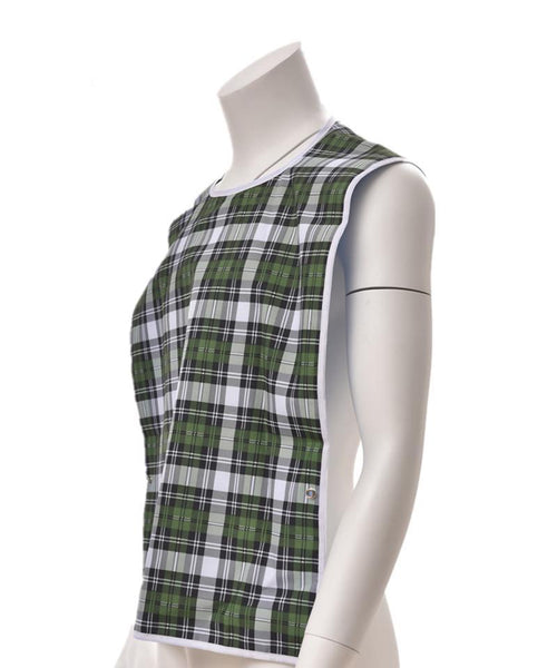 Side view of Fancy Checkered Overall Shirt Covering no food spills on clothing