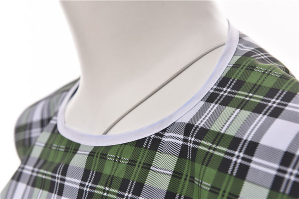 Curved Neck Line of Fancy Checkered Overall Shirt Covering no food spills on clothing