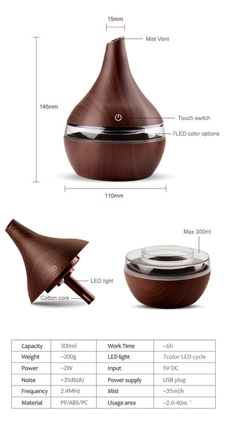 Wood Ultrasonic Air Humidifier, Home Moisturizer, Aromatherapy Diffuser, 300ML with USB port